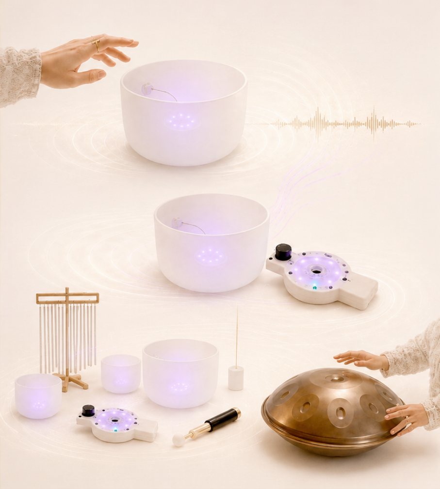 Hands hovering over crystal bowls fitted with the Musical Mushroom